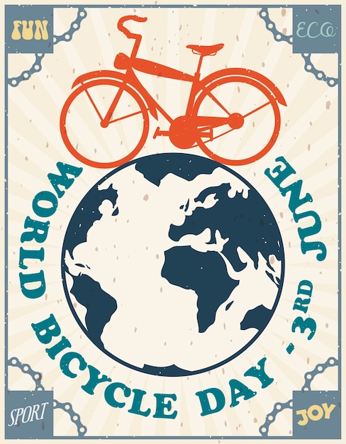 Plik wektorowy rower nad kulą ziemską z łańcuchami w ramie i pozdrowieniami z okazji światowego dnia roweru