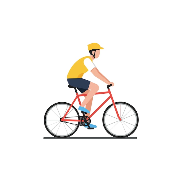 Rowerzysta w jasnożółtej koszuli jeżdżący na czerwonym rowerze płaska sztuka wektorowa