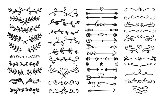 Plik wektorowy rozkwitać dzielnik ornamentu szkicu. dzielniki kwiatowy ozdobnych doodle, vintage ręcznie rysowane plemiennych strzałek i zestaw obramowania wystroju kaligraficznego. ozdobne gałęzie i eleganckie loki