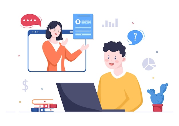 Rozmowa kwalifikacyjna Online Service lub Platforma, Kandydat i HR Manager. Biznes mężczyzna lub kobieta przy stole, ilustracji wektorowych do rozmowy, kariery, koncepcji zasobów ludzkich