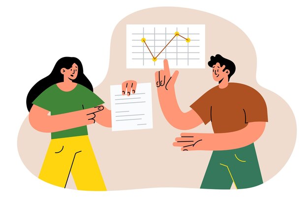 Rozmowa kwalifikacyjna Wektor płaski nowoczesny ilustracja mężczyzny rozmawiającego z młodą kobietą z dokumentem