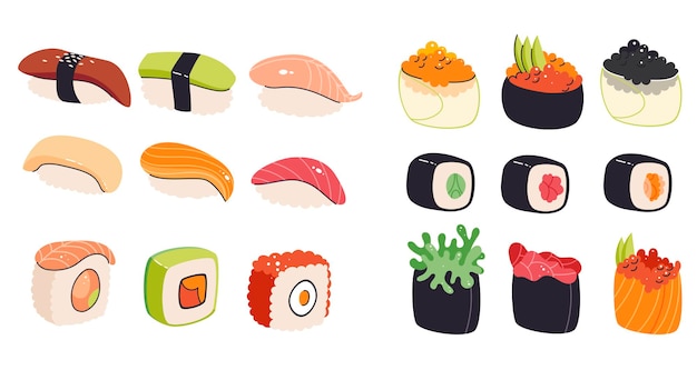 Różne Azjatyckie Sushi I Kolekcja Sashimi Na Białym