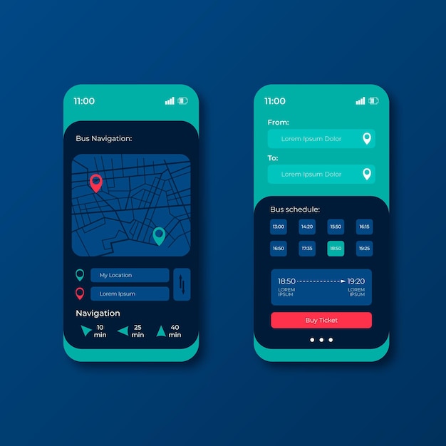 Różne ekrany aplikacji mobilnej transportu publicznego