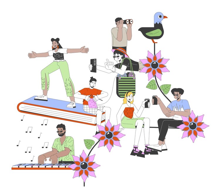 Wektor różne hobby ludzi 2d koncepcja ilustracji liniowej