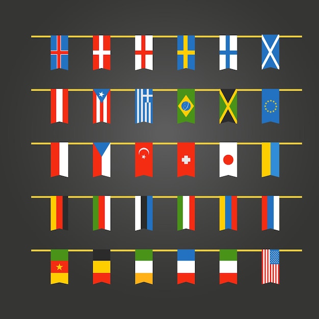 Różne Kolorowe Flagi Krajów Na Liny. Wektor Clipart
