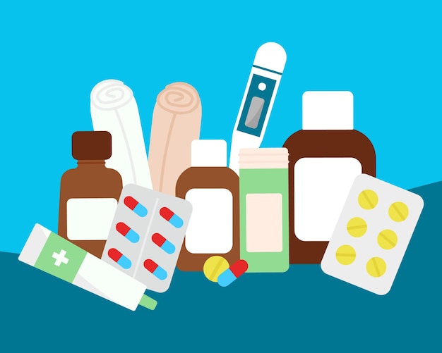 Plik wektorowy różne leki i sprzęt tabletki i fiolki bandaże termometr opieka zdrowotna i farmacja