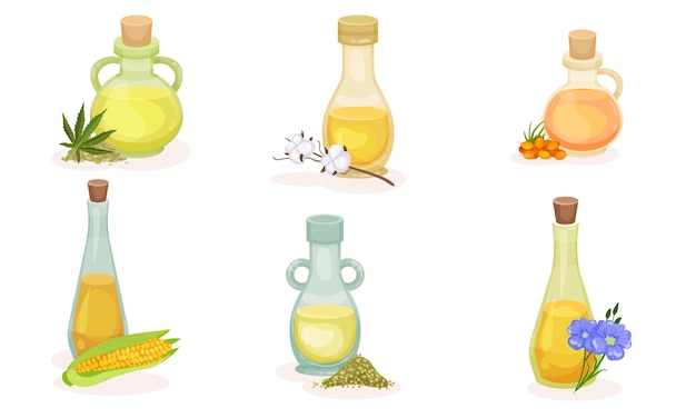 Plik wektorowy różne oleje organiczne wylewane w szklanych słoikach z zestawem wektorowym na czapkę butelki do gotowania i kosmetyczne oleiste płyn w szklanym wyrobie