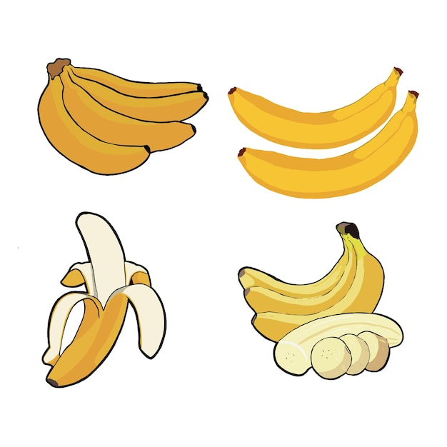 Różne Owoce Banana Płaski Zestaw Ikon. Kreskówka Egzotyczny Naturalny Deser Na Białym Tle Ilustracji Wektorowych Col