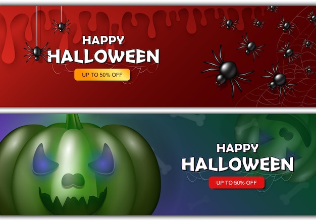 Różne Plakaty Sprzedaży Halloween 3d. Oferta Rabatowa Z Upiornymi Dyniami, Pająkami, Kośćmi, Krwią