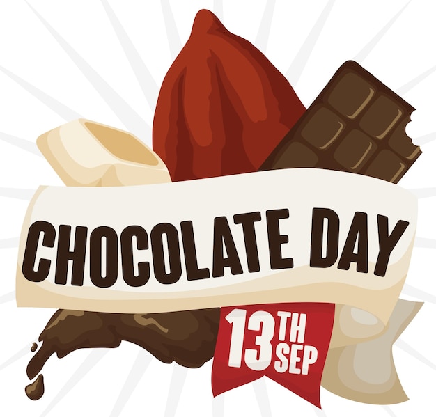 Plik wektorowy różne prezentacje czekolady i ziarna kakaowego za wstążką na dzień czekolady