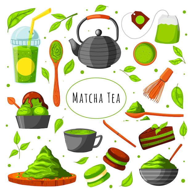 Różne produkty herbaty matcha Matcha w proszku macarons dzbanek do herbaty bambusowa łyżka liście herbaty Ręcznie rysowane wektor zestaw Kolorowa ilustracja modna Płaska konstrukcja Wszystkie elementy są izolowane