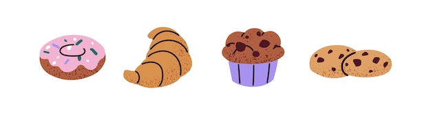 Plik wektorowy różne pyszne desery ciastki zestaw pyszne świeże pączki croissant cupcake ciasteczka czekoladowe pyszne słodkie pieczone ciasteczki muffin płaskie ilustracje wektorowe izolowane na białym tle