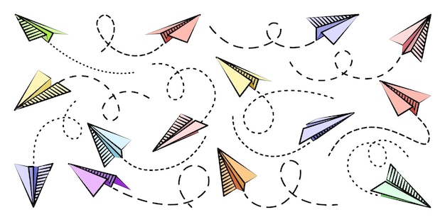 Różne Ręcznie Rysowane Papierowe Samoloty Kolorowe Samoloty Z Kropkowaną Linią Trasy Ikona Samolotu
