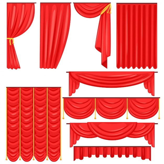 Plik wektorowy różne rodzaje teatralnej kurtyny scenicznej i zasłon w czerwonej kolekcji weluru