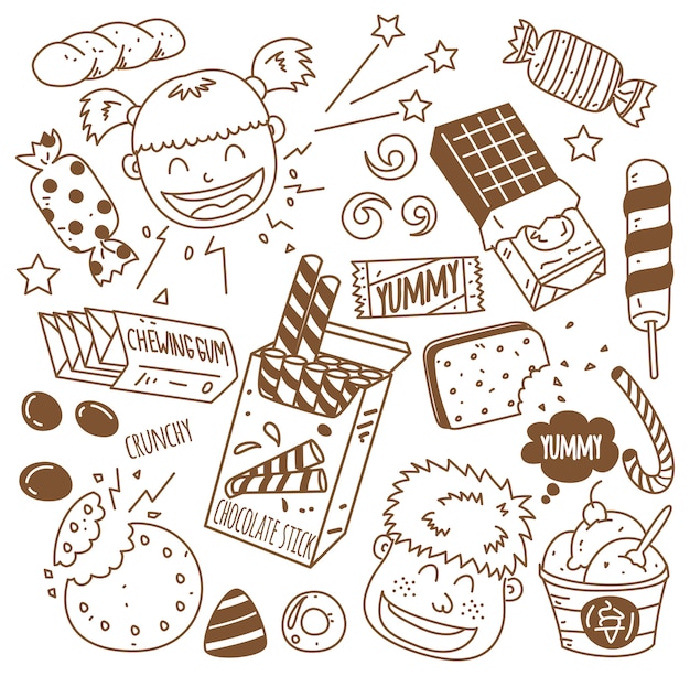Plik wektorowy różne słodycze ze szczęśliwymi dziećmi w stylu doodle