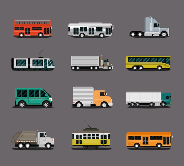 Różne typy pojazdów, samochód, ciężarówka, furgonetka, autobus, ciężarówka i przyczepa, ilustracja widok z boku