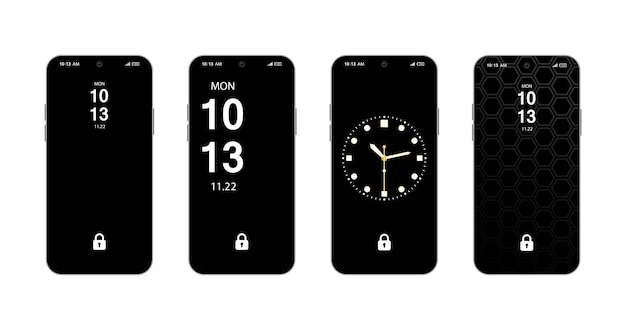 Różne Warianty Zablokuj Ekrany Czarno-biały Zegar Projektuje Zestaw Ekranów Smarthphone
