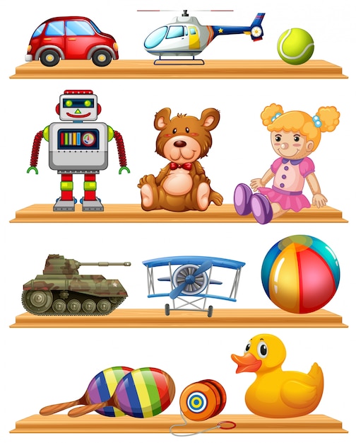 Różne zabawki na drewnianych półkach