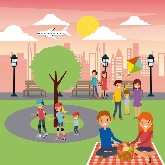 Plik wektorowy różne zajęcia rodzinne w parku miejskim słoneczny dzień