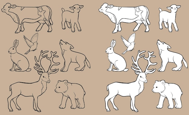 Różne Zwierzęta Zestaw Do Kolorowania Dla Dzieci. Ilustracja Wektorowa Czarno-białe.