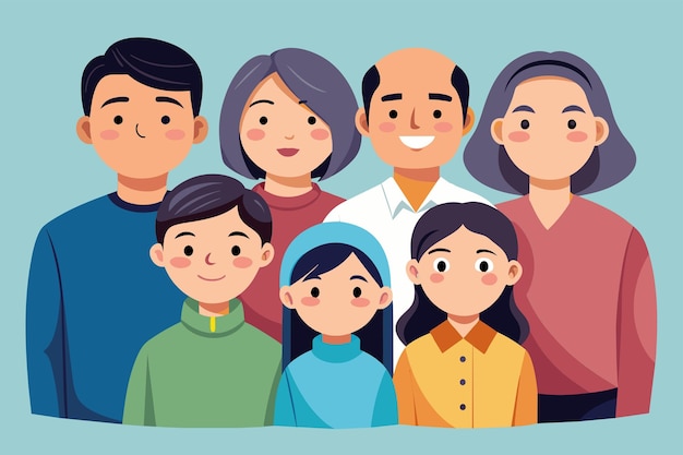 Plik wektorowy różnorodna grupa ludzi, w tym azjatycka rodzina, stojąca blisko siebie, ilustruje różnorodność ludzi na kampusie.