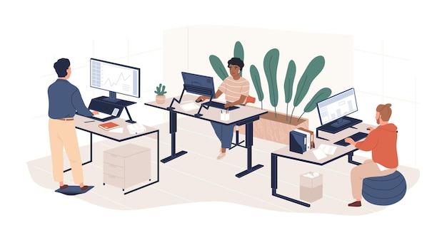Różnorodni ludzie pracujący w współczesnej przestrzeni roboczej płaskiej ilustracji wektorowych. Mężczyzna i kobieta pracowników w nowoczesnym obszarze z ergonomicznymi meblami i komputerami na białym tle. Nowoczesna przestrzeń coworkingowa.