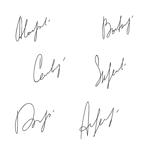 Różny podpis autograf izolowany na białym tle napisany w słowach ręcznym wektorem