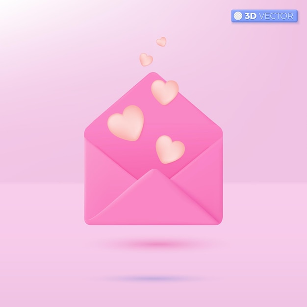 Różowa koperta pocztowa z symbolem ikony czerwonych serc Dając miłość wiadomość e-mail zakochana Matka i Walentynki pozdrowienia koncepcja Wektor 3D na białym tle ilustracja projekt Kreskówka pastel Minimalny styl