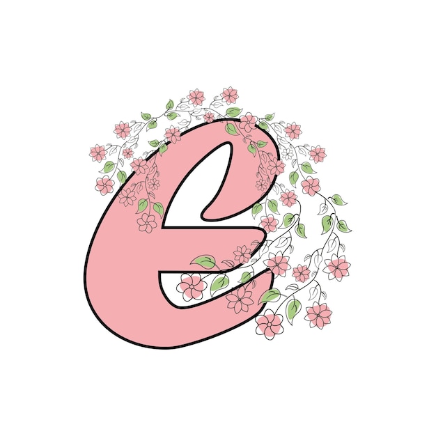 Różowa litera e z kwiatami na dole.