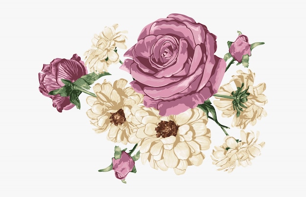 Plik wektorowy różowa róża i białe stokrotki słodki bukiet kwiatowy