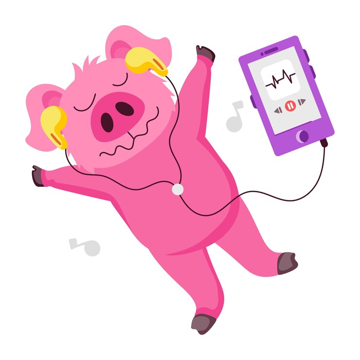 Wektor różowa świnia z słuchawkami i różowym ipodem, na którym jest napisane "piggy bank"