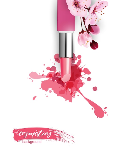 Plik wektorowy różowa szminka z rozmazaną szminką koncepcja makijażu realistyczna szczegółowa makieta 3d