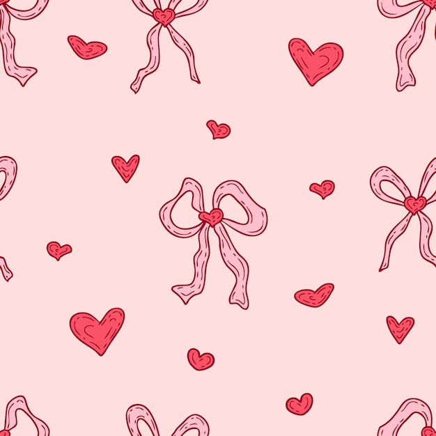 Różowa wstążka koketowa łuki i serca bezszwowy wzór romantyczny druk doodle dla tkaniny papieru tekstylnego Ręcznie narysowana ilustracja wektorowa