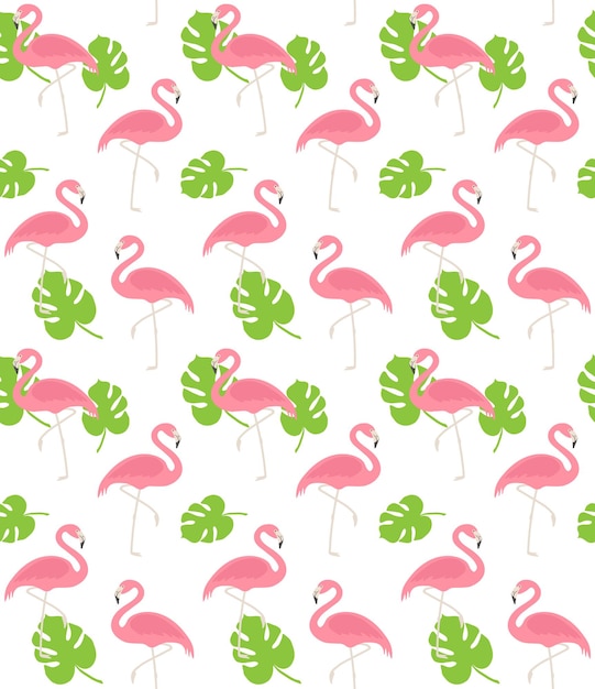 różowe flamingo z zielonymi liśćmi na białym tle