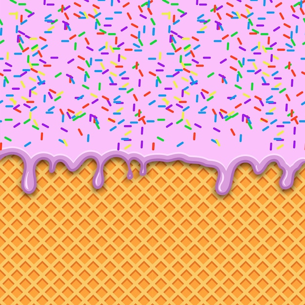 Plik wektorowy różowe lody truskawkowe stopione na wafelkowym tle różowe lody stopione z kolorowymi słodkimi cukierkami posypują ilustracja wektorowa