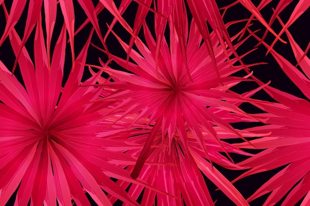 Plik wektorowy różowy czerwony egzotyczny wzór. liście monstery i kwiaty hibiskusa w letnim nadruku. nasycony duży kwiatowy nadruk na kostiumie kąpielowym. poziomy projekt naturalnej tekstury w kalifornii. hipernaturalny projekt botaniczny.
