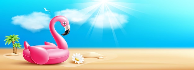 Różowy flamingo nadmuchiwany pierścień basenu pływający drzewo kokosowe lato na piaszczystej plaży projekt baneru