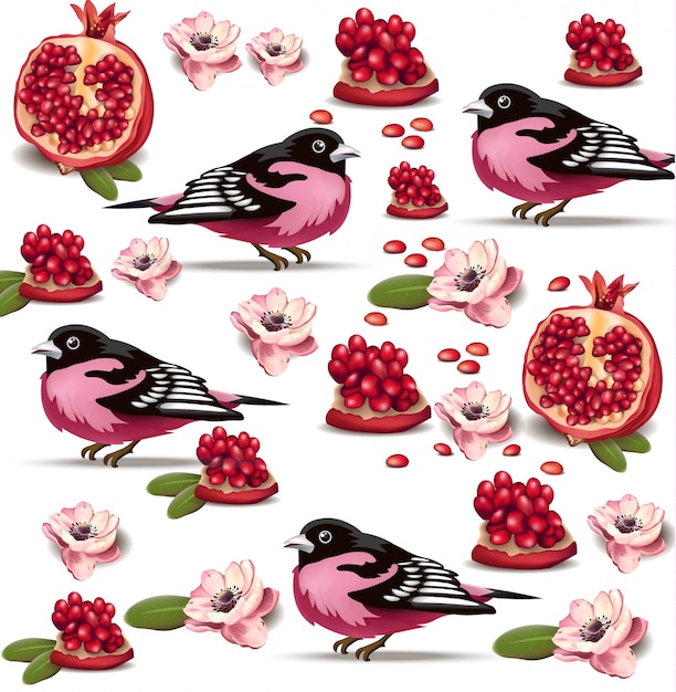 Różowy Ptak I Owoc Granatu Wzór
