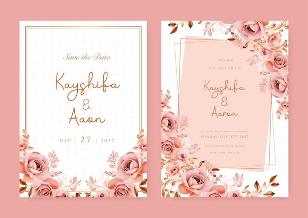 Plik wektorowy różowy zestaw szablonów zaproszeń ślubnych z kształtami i kwiatami