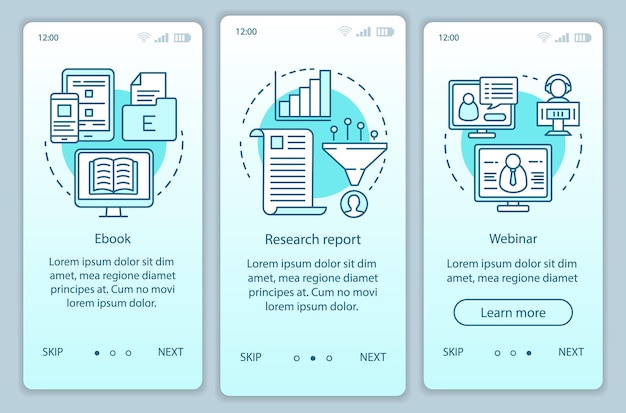 Rozważanie Treści Turkusowy Szablon Wektora Ekranu Aplikacji Mobilnej Do Dołączania. Raport Z Badań Instruktażowych Kroki Strony Internetowej Z Ilustracjami Liniowymi. Koncepcja Interfejsu Smartfona Ux, Ui, Gui