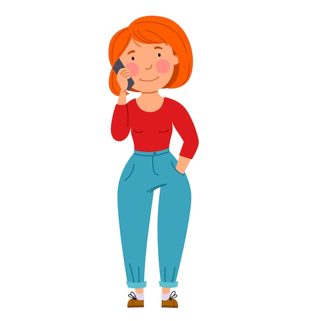 Plik wektorowy rudowłosa dziewczyna rozmawia przez telefon. technologia bezprzewodowa.