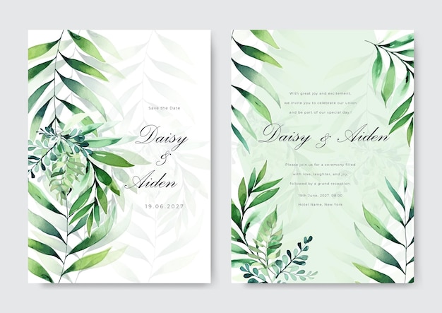 Plik wektorowy rustykalna karta zaproszenie na ślub z zielonymi liśćmi