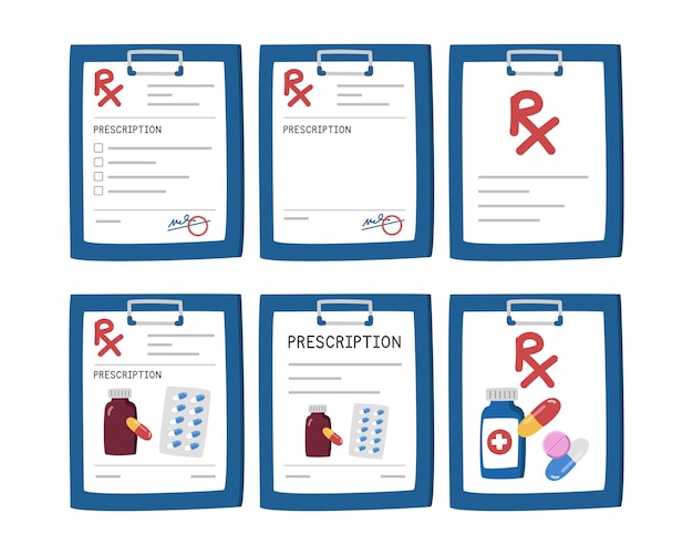 Rx Clipartów Styl Kreskówki Rx Recepta Medyczna Formularz Schowka Płaski Wektor Zestaw Ilustracji Rysunku