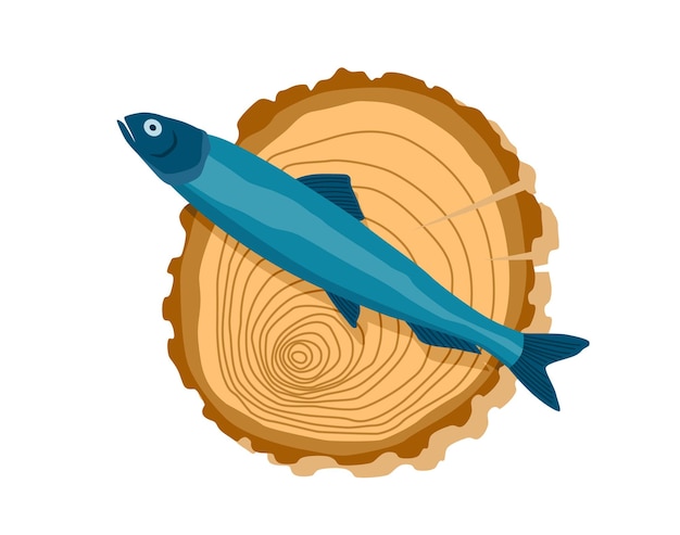 Plik wektorowy ryba na drewnianej desce deska do krojenia w kuchni ze zdrowym posiłkiem mięsem artykuły spożywcze w stylu kreskówki koncepcja organiczne jedzenie z dzikiej rzeki lub oceanu