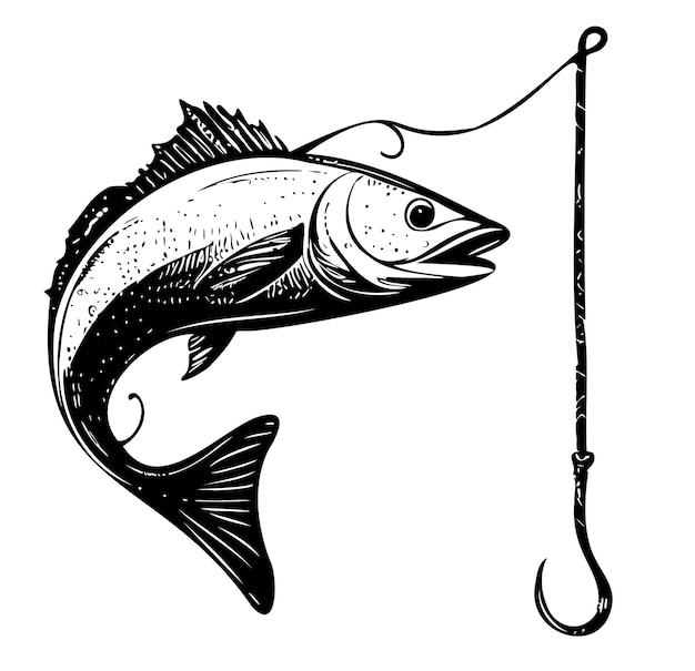 Ryba Na Haczyku Szkic Ręcznie Narysowany W Ilustracji W Stylu Doodle