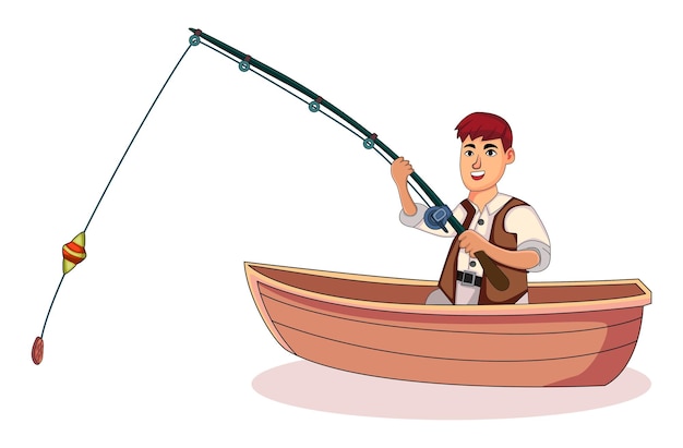 Plik wektorowy rybak łowiący ryby na scenie kreskówki łodzi