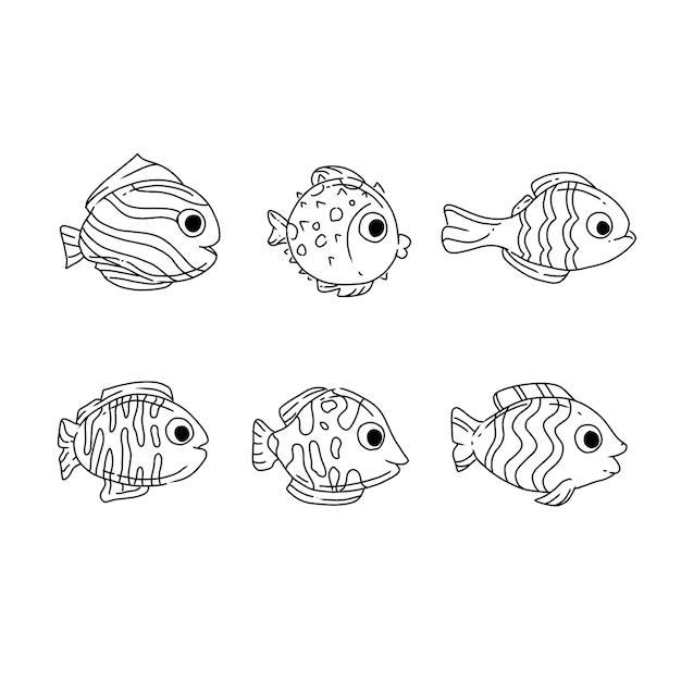 ryby handrawn doodle ilustracje wektor zestaw