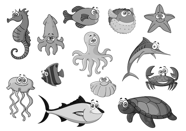 Plik wektorowy ryby i zwierzęta oceaniczne kreskówka wektor ikony