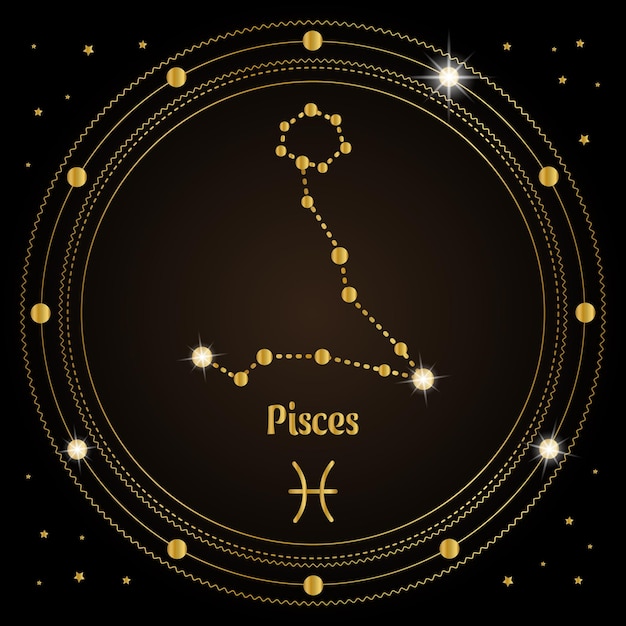 Ryby, Konstelacja Znaku Zodiaku W Kosmicznym Magicznym Kręgu. Złoty Projekt Na Zmroku