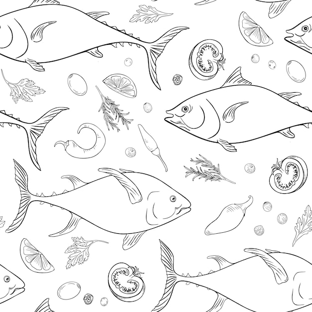 Ryby morskie tuńczyk i warzywa monochromatyczny wektor bezszwowy wzór ręcznie narysowany królik czarno-biały rysunek konturowy ryby zioła pomidory i jalapeno graficzny styl liniowy do drukowania papier pakowania